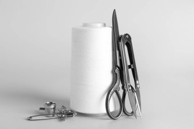 Beyaz arka planda iplik makaralı dikiş malzemeleri.