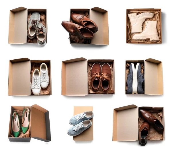 Conjunto Cajas Cartón Con Zapatos Elegantes Aislados Blanco Vista Superior —  Fotos de Stock