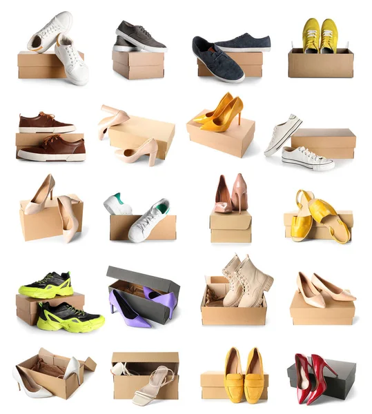 Set Cardboard Boxes Stylish Shoes Isolated White — Stock Photo, Image