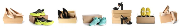 Set Von Kartons Mit Stilvollen Schuhen Isoliert Auf Weiß — Stockfoto