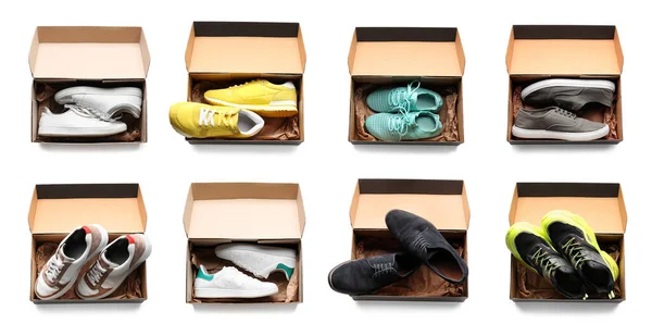 Set Cardboard Boxes Stylish Shoes Isolated White Top View — Stock Photo, Image
