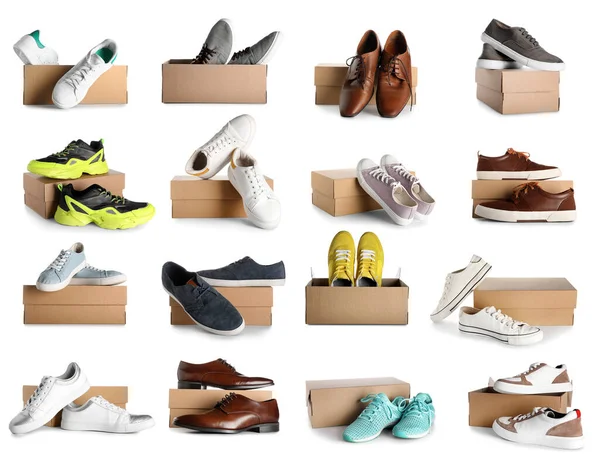 Conjunto Caixas Papelão Com Sapatos Elegantes Isolados Branco — Fotografia de Stock
