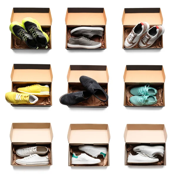 Conjunto Cajas Cartón Con Zapatos Elegantes Aislados Blanco Vista Superior —  Fotos de Stock