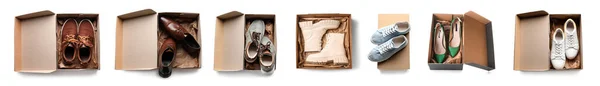 一套纸板箱 鞋底用白色 顶视图隔开 有时髦的鞋子 — 图库照片