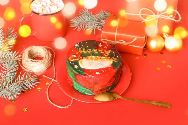 Tasty Bento Cake Christmas Decor Red Background — Stock Photo, Image