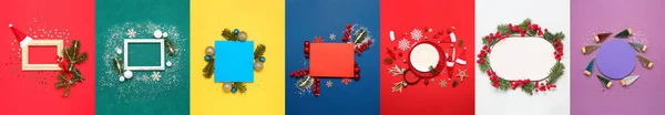 Colagem Com Belas Composições Natal Fundo Colorido Vista Superior — Fotografia de Stock