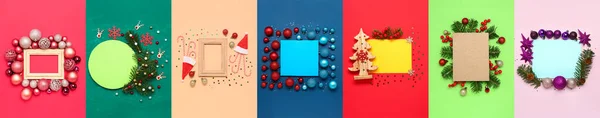 Collage Beautiful Christmas Compositions Colorful Background Top View — Stock Photo, Image
