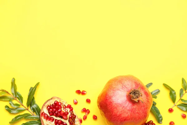Composition with fresh pomegranates and plant branches on yellow background