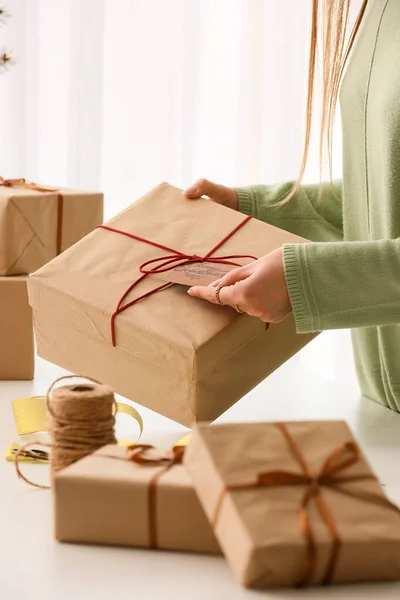 Woman Christmas Gift Box Table Closeup — Stock Photo, Image