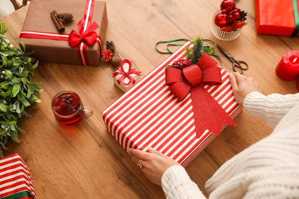 Woman Decorating Christmas Gift Box Wooden Table Closeup — Stock Photo, Image
