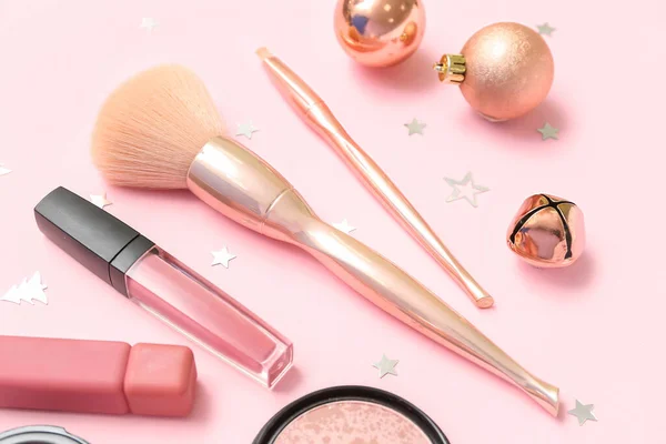 Makeup Products Christmas Decor Pink Background Closeup — Stock Photo, Image