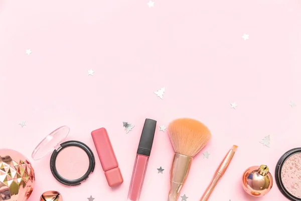Makeup Products Christmas Decor Pink Background — Stock Photo, Image