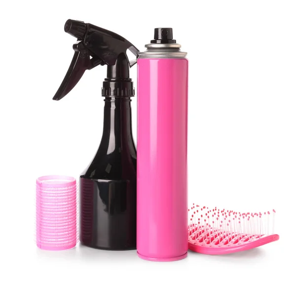 Sprays Para Cabello Con Rizador Cepillo Sobre Fondo Blanco —  Fotos de Stock