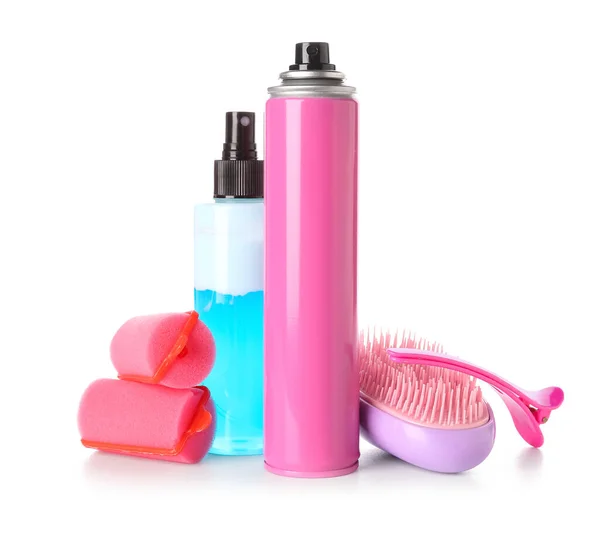 Sprays Para Cabello Con Rizadores Cepillo Clip Sobre Fondo Blanco —  Fotos de Stock