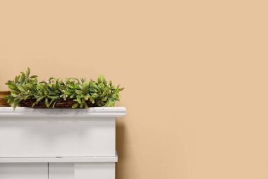 Bej duvarın yanındaki şöminede Noel ökseotu çelengi