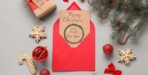 Greeting Card Merry Christmas Happy New Year Envelope Decorations Grey — Stock Photo, Image