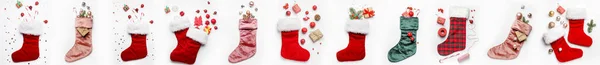 Коллаж Рождественских Носков Подарками Украшениями Белом Фоне — стоковое фото