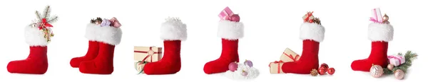 Ομάδα Χριστουγεννιάτικες Κάλτσες Δώρα Και Διακοσμήσεις Λευκό Φόντο — Φωτογραφία Αρχείου
