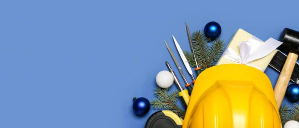 Bouwmaterialen Met Kerstdecor Cadeau Blauwe Achtergrond Met Ruimte Voor Tekst — Stockfoto