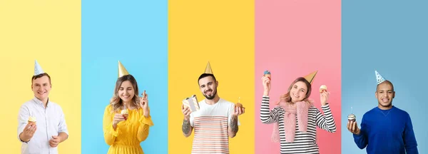 Collage Glada Ungdomar Med Födelsedag Cupcakes Färg Bakgrund — Stockfoto