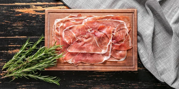 Board Tasty Ham Dark Wooden Background Top View — Stock Photo, Image