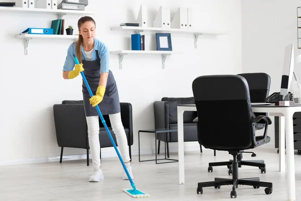 Female Worker Cleaning Service Mopping Floor Office — Stock Photo, Image