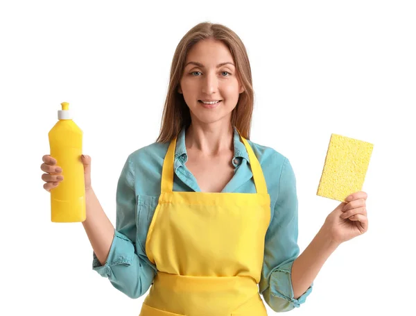 Mujer Joven Con Botella Lavado Platos Esponja Limpieza Sobre Fondo —  Fotos de Stock