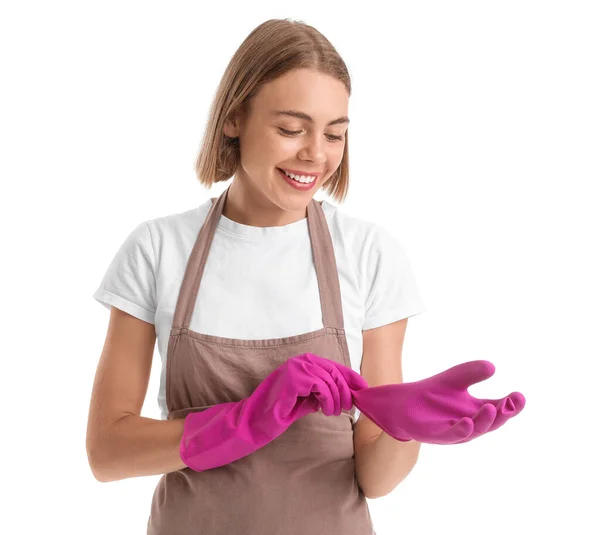 Pretty Woman Putting Rubber Glove White Background — Stock Photo, Image