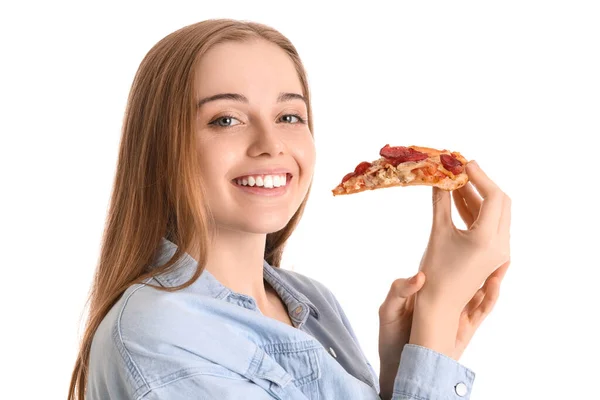 Mulher Bonita Comendo Pizza Fresca Fundo Branco — Fotografia de Stock