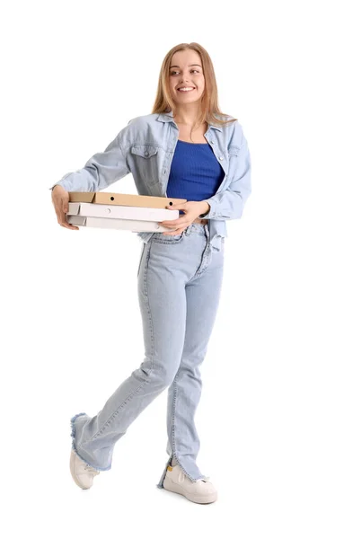 Mulher Bonita Segurando Caixas Com Pizza Fresca Fundo Branco — Fotografia de Stock