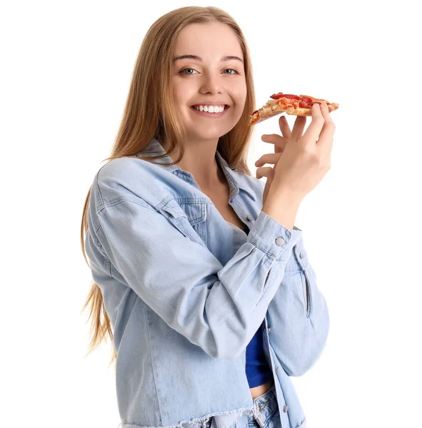 Красива Молода Жінка Їсть Свіжу Піцу Білому Тлі — стокове фото