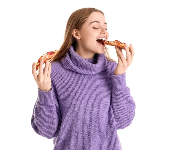 Vacker Ung Kvinna Äter Färsk Pizza Vit Bakgrund — Stockfoto