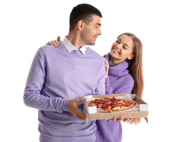 Szczęśliwa Młoda Para Pizzą Białym Tle — Zdjęcie stockowe