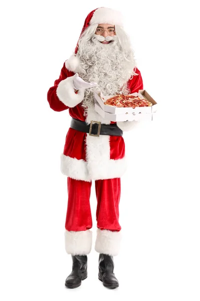 Άγιος Βασίλης Κρατώντας Κουτί Νόστιμη Πίτσα Λευκό Φόντο — Φωτογραφία Αρχείου