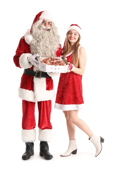 Casal Jovem Trajes Papai Noel Segurando Caixa Com Pizza Saborosa — Fotografia de Stock