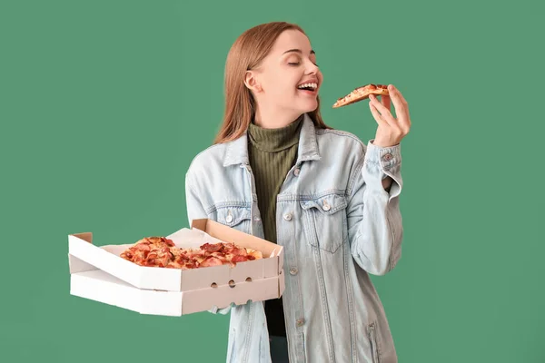 Beautiful Young Woman Holding Box Fresh Pizza Green Background — Stock Photo, Image
