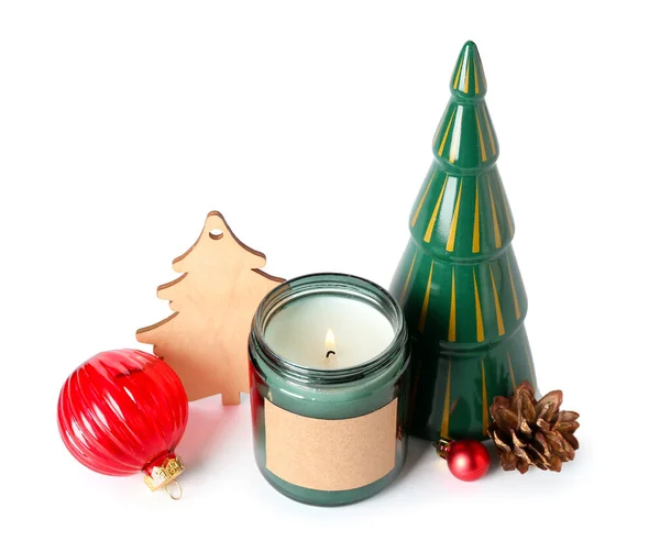 Burning Candle Christmas Decor White Background — Stock Photo, Image