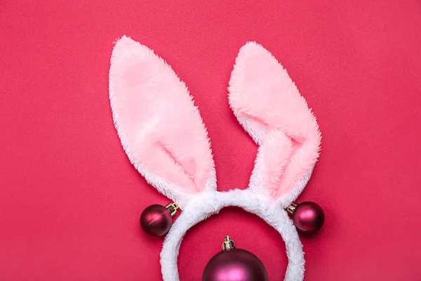 Bunny Ears Christmas Balls Red Background — Stock Photo, Image