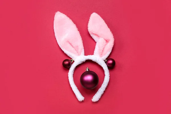Bunny Ears Christmas Balls Red Background — Stock Photo, Image