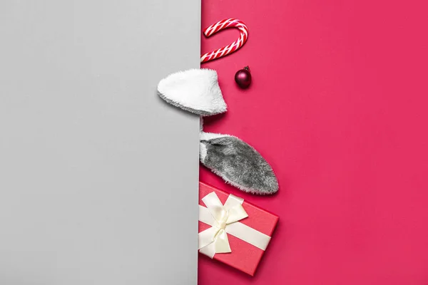Orejas Conejo Con Bola Navidad Regalo Bastón Caramelo Sobre Fondo — Foto de Stock