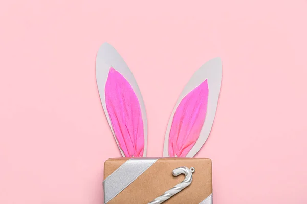 Paper Bunny Ears Christmas Gift Pink Background — Stock Photo, Image
