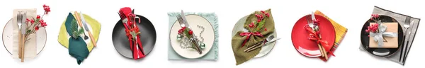 Collage Con Hermosa Mesa Navidad Aislado Blanco Vista Superior — Foto de Stock