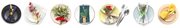 Collage Mit Schöner Weihnachtlicher Tischdekoration Isoliert Auf Weiß — Stockfoto