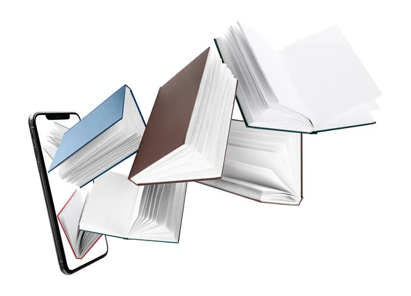 Smartphone Muchos Libros Voladores Aislados Blanco — Foto de Stock