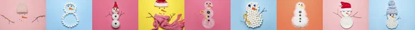 Collage Funny Snowmen Made Different Items Color Background — Stock Photo, Image