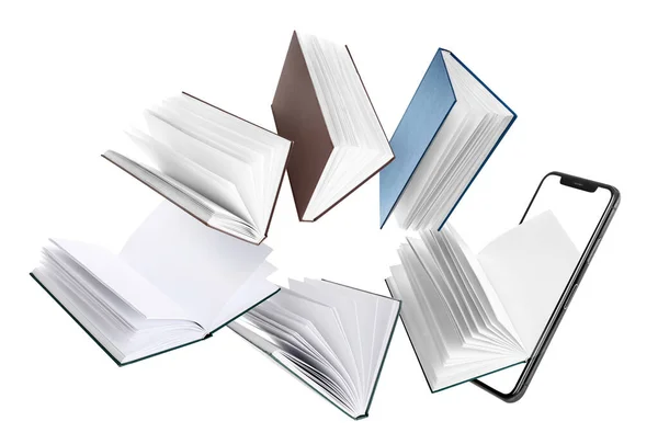 Smartphone Και Πολλά Ιπτάμενα Βιβλία Που Απομονώνονται Λευκό — Φωτογραφία Αρχείου