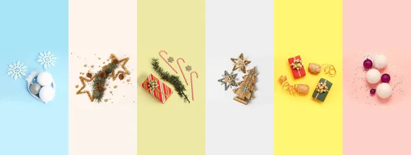色彩背景上装饰精美的圣诞装饰的节日拼贴 — 图库照片