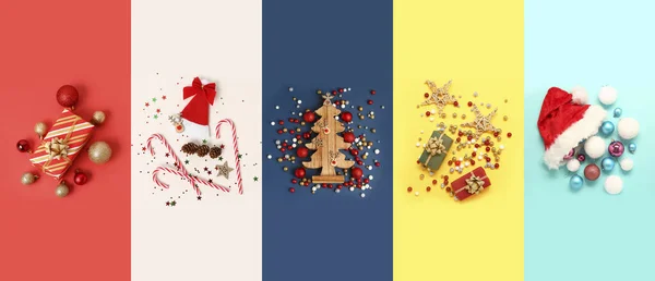 Stylowa Kompozycja Pięknymi Dekoracjami Świątecznymi Tle Koloru — Zdjęcie stockowe