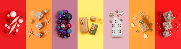Festliche Collage Mit Stilvollem Weihnachtsschmuck Auf Farbigem Hintergrund — Stockfoto