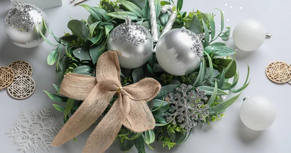 Stylish Christmas Wreath Decorations Light Background Closeup — Stock Photo, Image